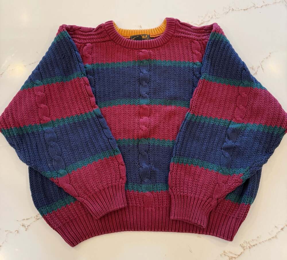 Vintage Eddie Bauer 100% Cotton Cable Knit Striped Sweater XL